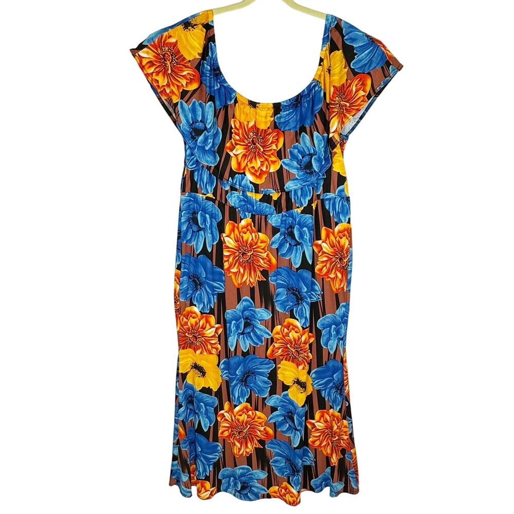 Ashley Stewart Blue/Orange Floral Stretch Curvy Frill Neck Maxi Dress‎ Sz 26/28
